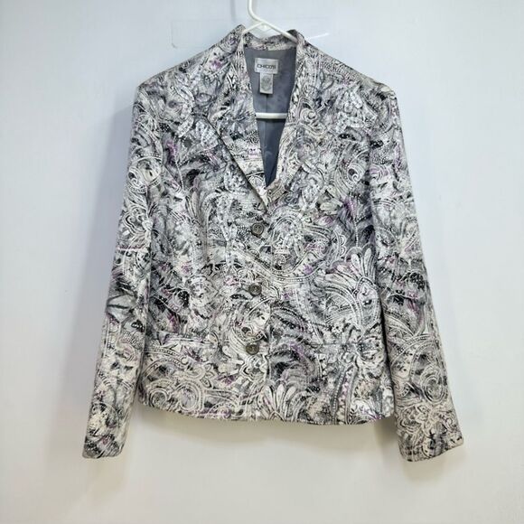 Chicos Sz M Sparkly Silver , lavender and gray pattern lightweight silk jacket - Picture 1 of 7